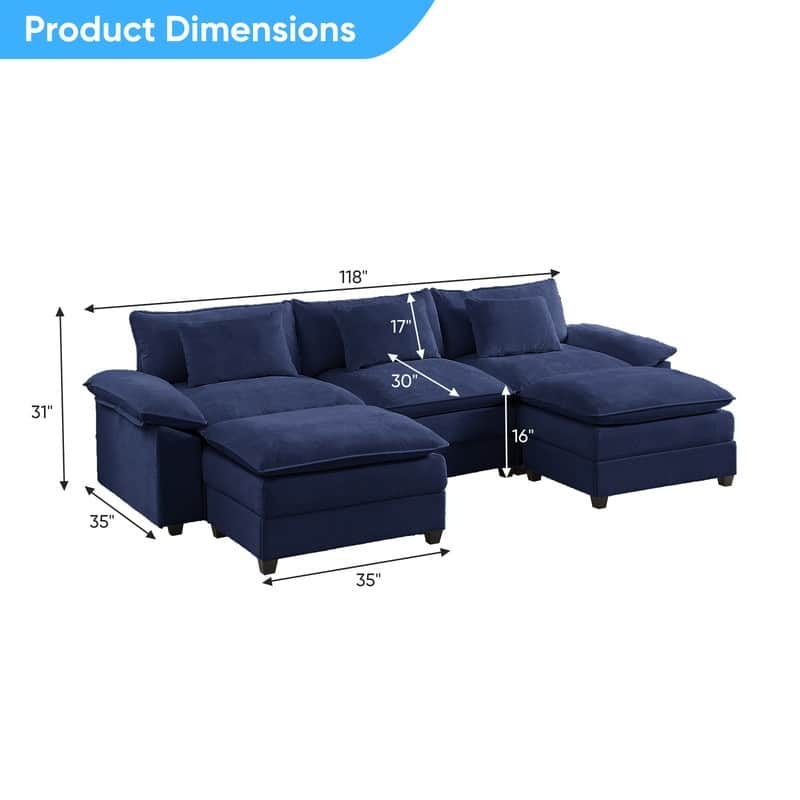 Modern 118'' U-Shaped Modular Sectional Sofa with 2 Ottomans, 5-Seat Cloud Couch, Modern Chenille Sofa Sleeper Deep Seat Couches