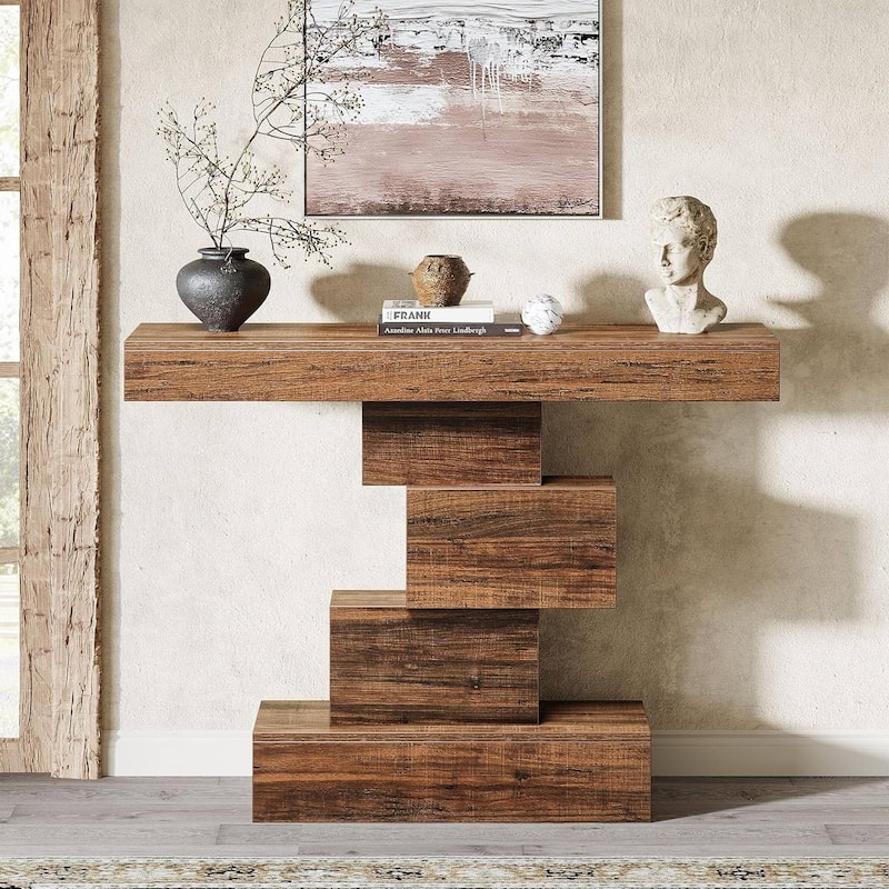 Modern 42-Inch Sofa Table with Rustic Wood Grain Finish and Geometric Base for Hallway or Living Room