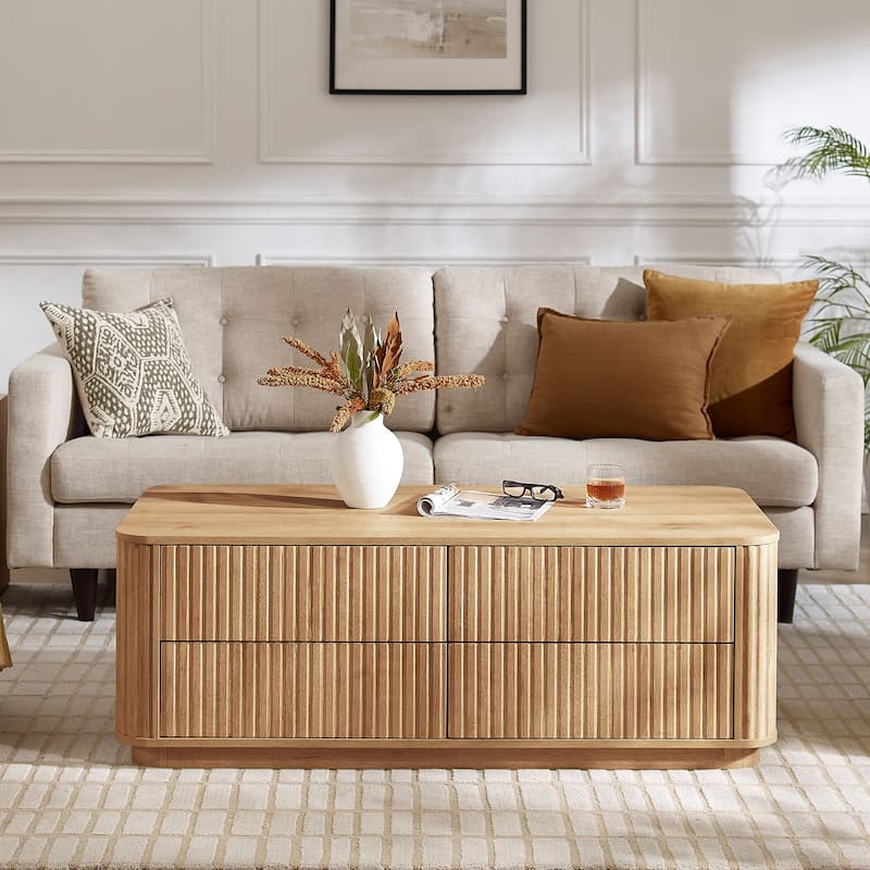 Fluted Coffee Table w/ 4 Drawers, Modern Center Table for Living Room - Oak