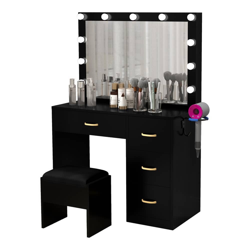 Mirror Makeup Vanity Table with Stool and Light Bulb - 35.4''L x 15.7''W x 53.5''H