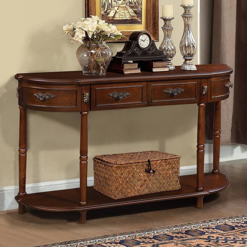 Living Room Hallway Retro Curved Wood Console Table Sofa Table with Shelf and 2 Drawers - Cherry