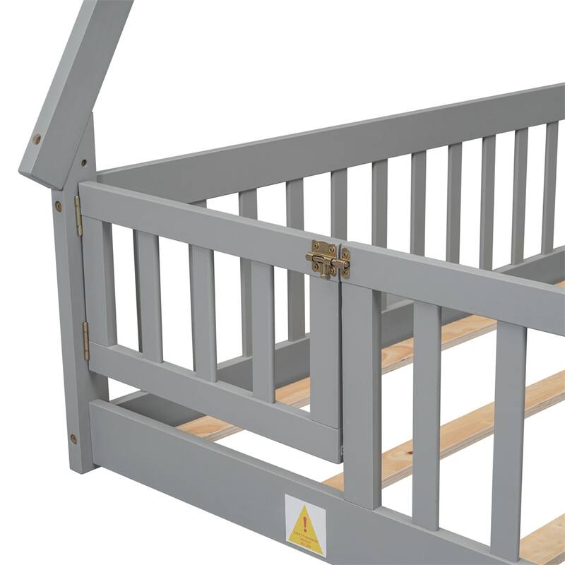 Full Tent-shaped Floor Bed,with Guardrails,Slats,Door