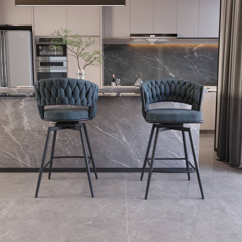 Swivel Bar Stools Set of 2, Counter Height Bar Stools with Woven Back and Footrest, 360° Swivel Kitchen Island Chairs