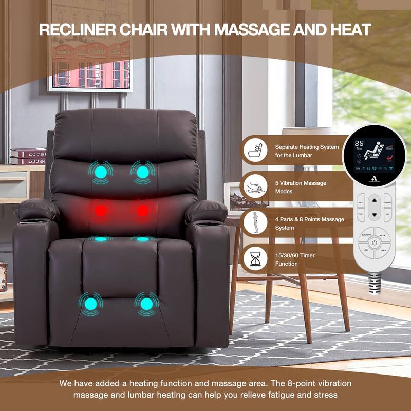 Oversized Power Lift Recliner Chair with Massage & Heat, PU Leather, USB Port, Cup Holders & Pockets