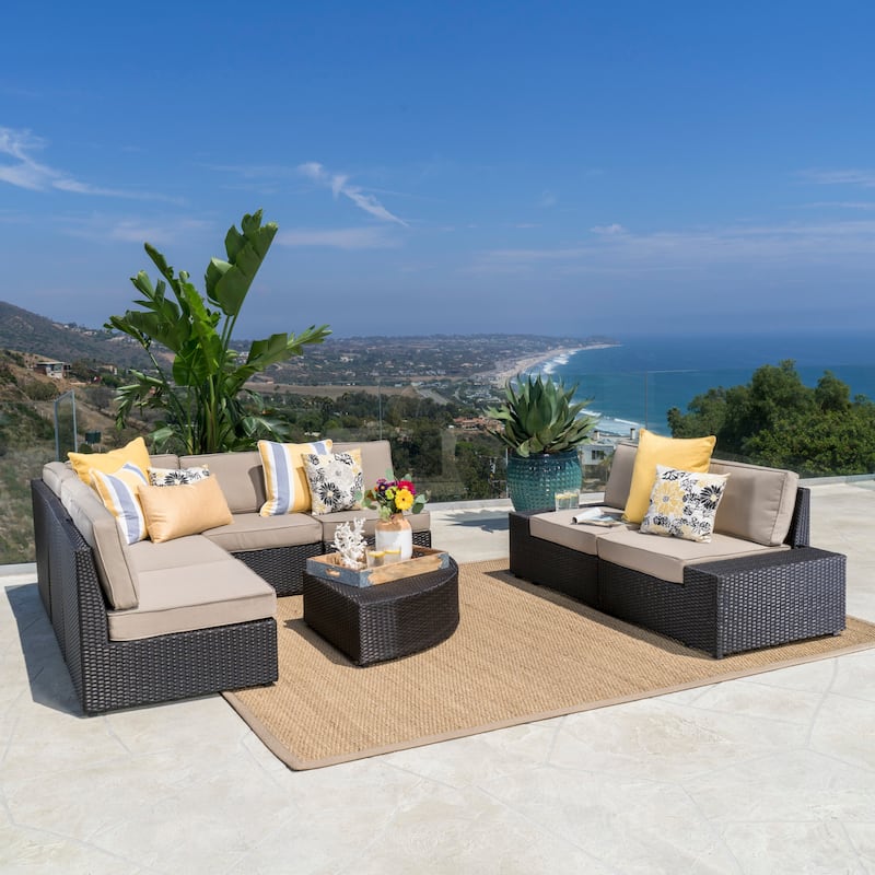 Santa Cruz Outdoor 8-piece Wicker Sofa Set with Water Resistant Cushions by Christopher Knight Home - dark brown + beige