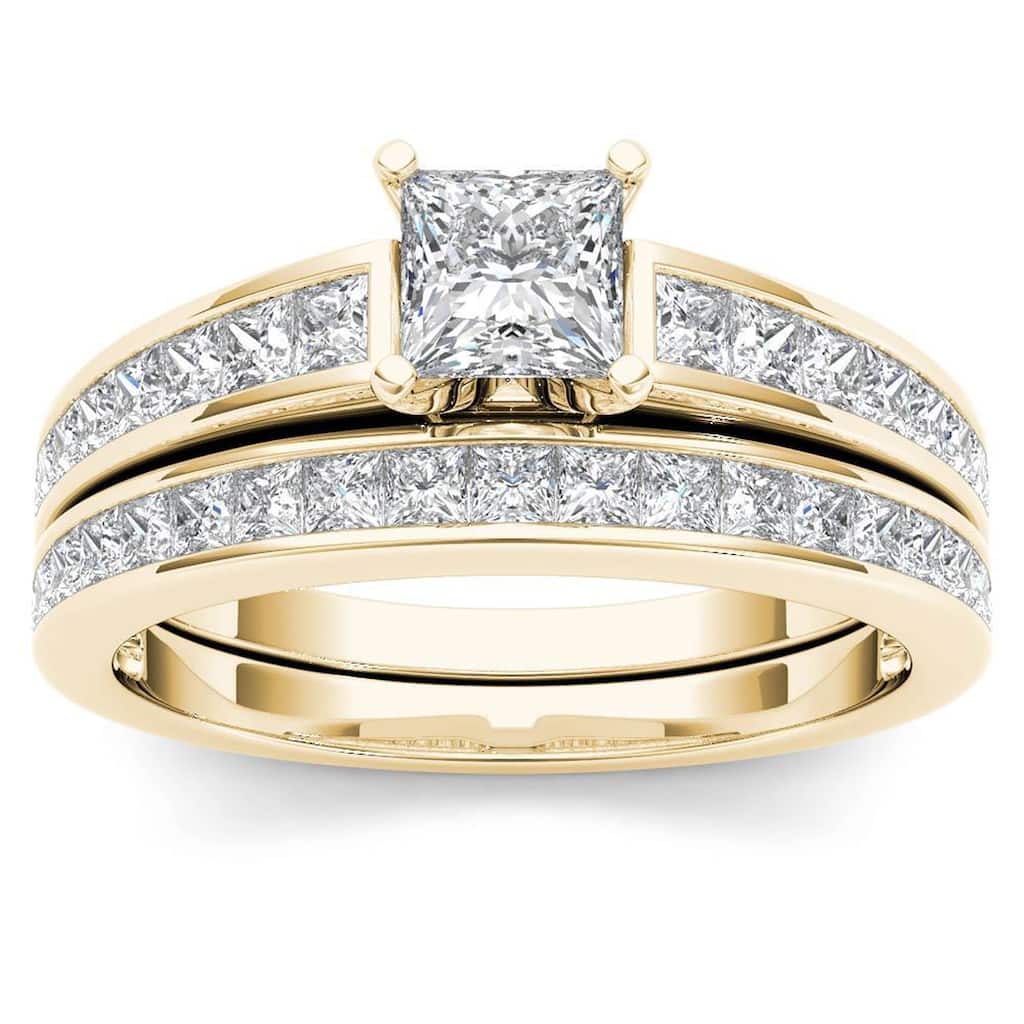 IGI Certified 1ct TDW Princess Cut Diamond Bridal Set in 14K Yellow Gold for Women