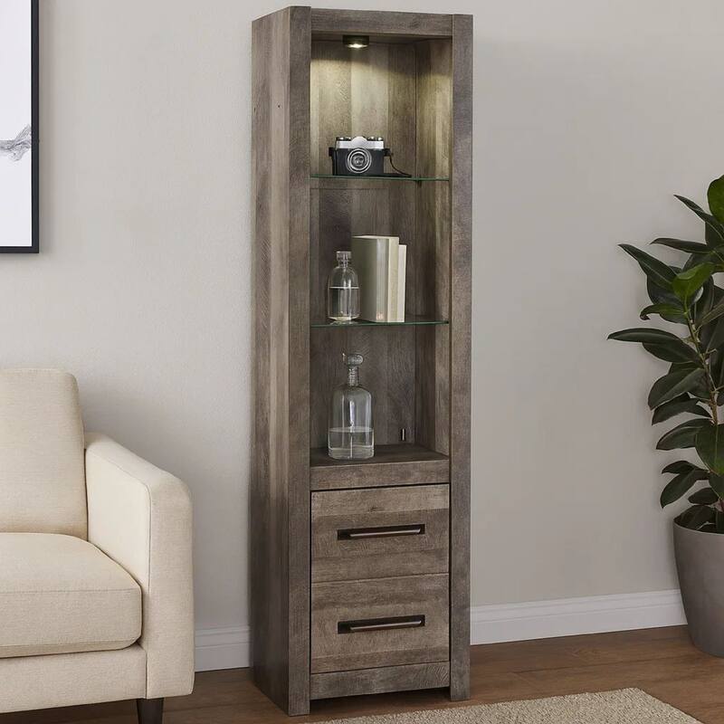 72 Inch Side Pier, 2 Glass Shelves, 2 Bottom Drawers, Rustic Gray Finish