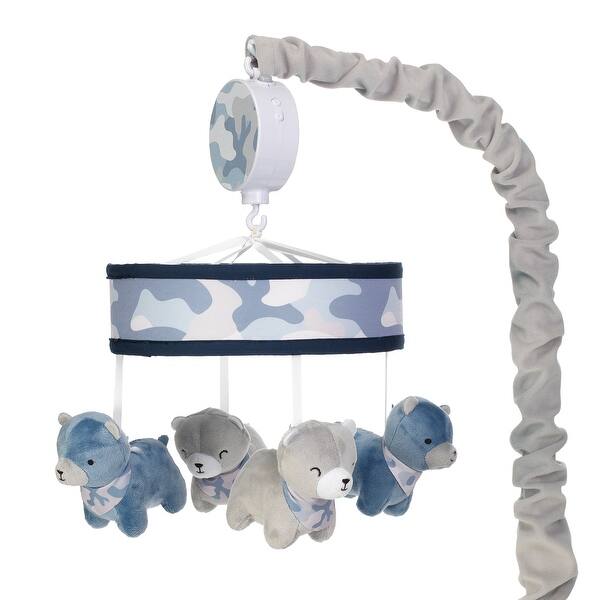 slide 2 of 5, Lambs & Ivy Blue Camo/Camouflage Gray Bear Musical Baby Crib Mobile Soother Toy
