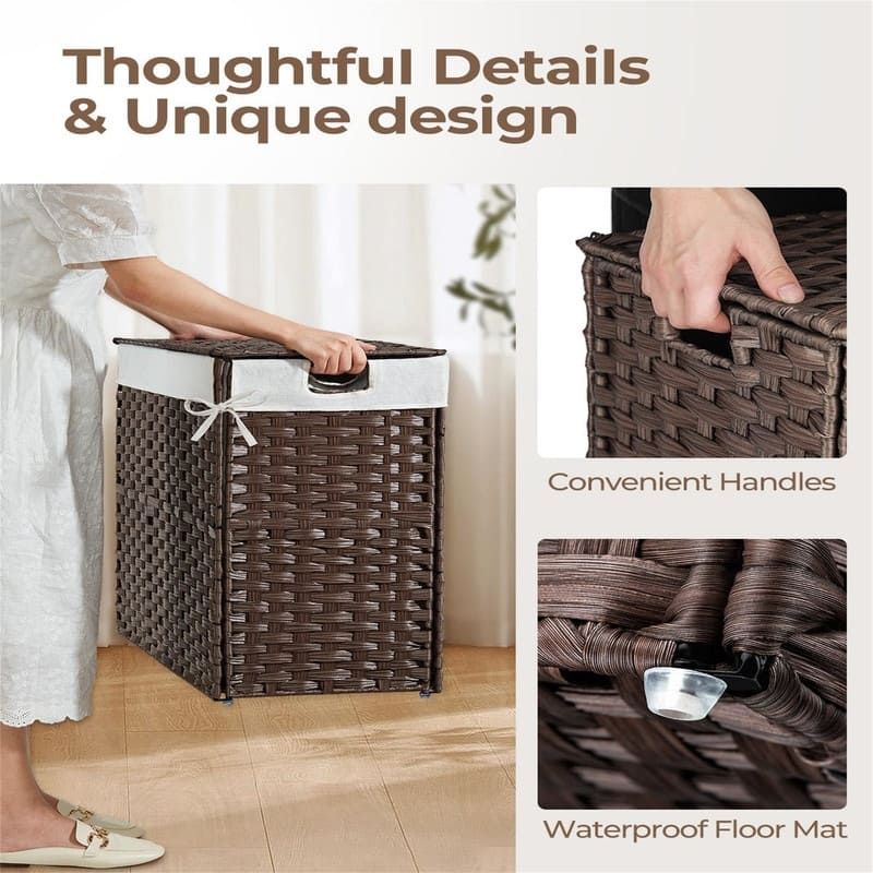 110L Wicker Laundry Baskets Foldable 2 Removable Liner Bags - 22.2"L x 13.3"W x 24"H