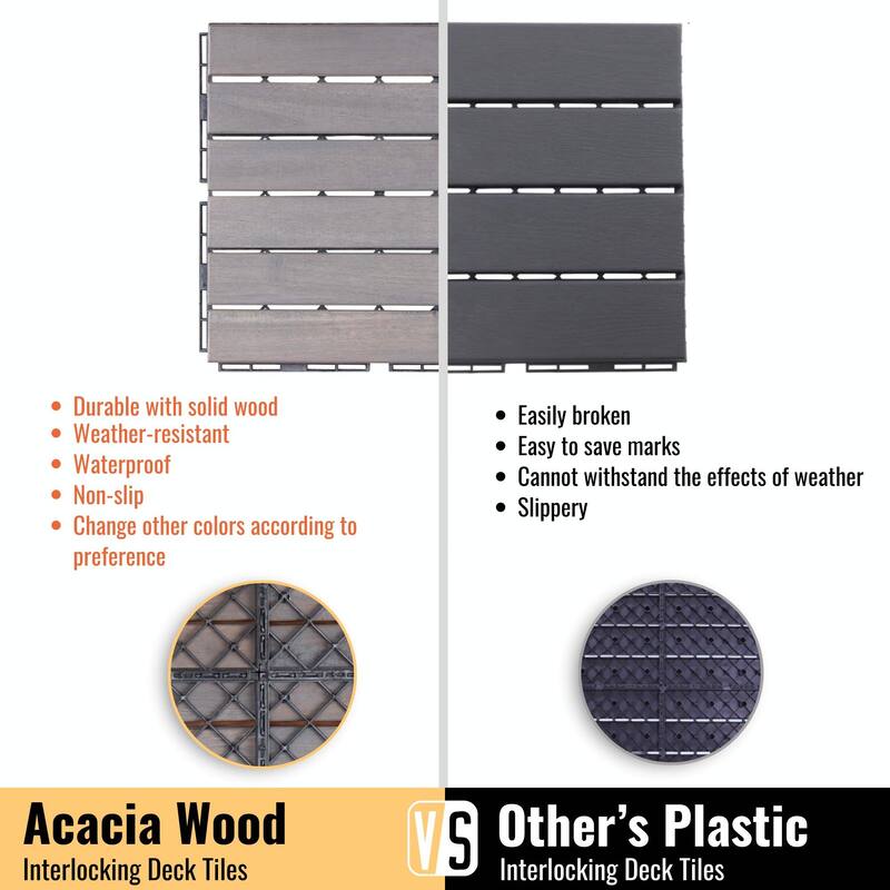 Interlocking Deck Tiles Striped Pattern, 12" x 12" Light Gray Acacia Hardwood Outdoor Flooring