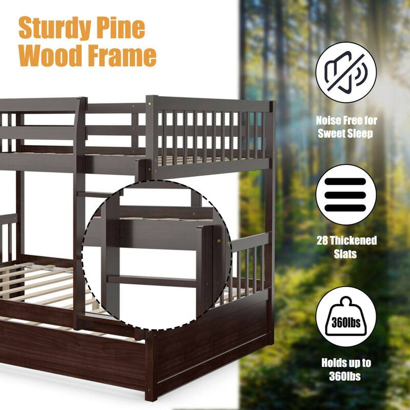 Gymax Full over Full Bunk Bed Platform Wood Bed w/ Trundle & Ladder
