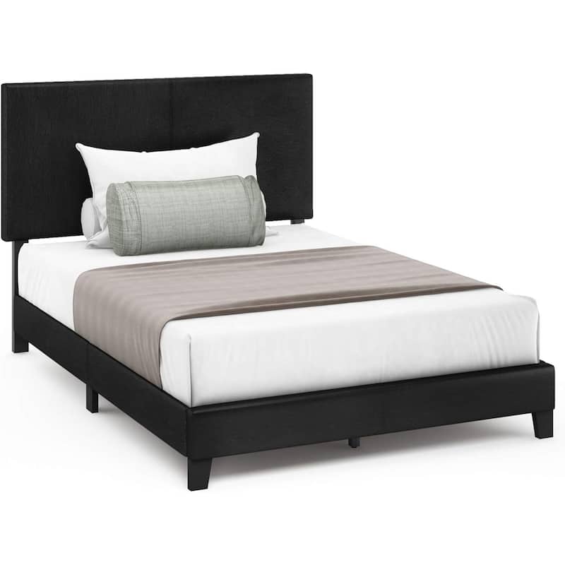 King Bed Frame Upholstered Black PU Leather Platform Bed Modern Glam Style
