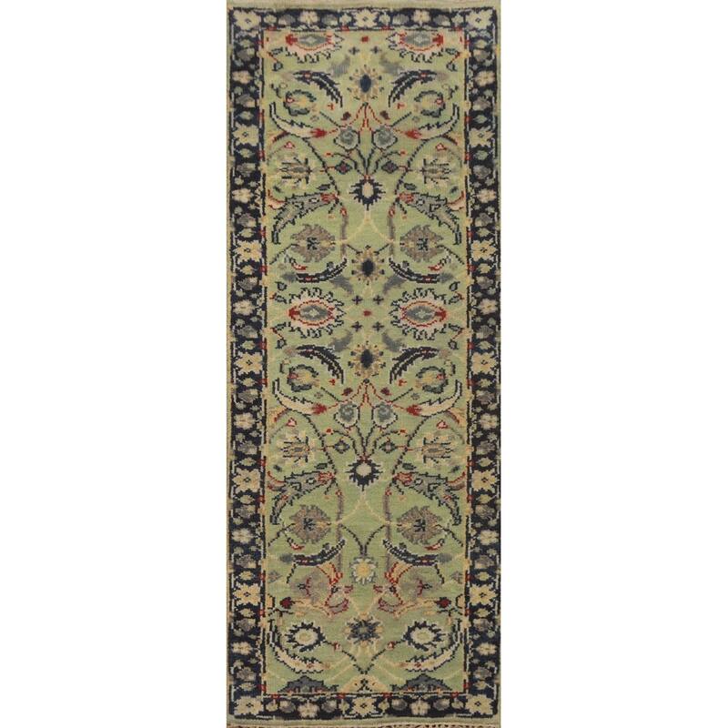 Hand-knotted Transitional Wool Carpet Green Oushak Rug Oriental Carpet Floral Area Rug Oriental Carpet - 8' 0'' X 2' 7''