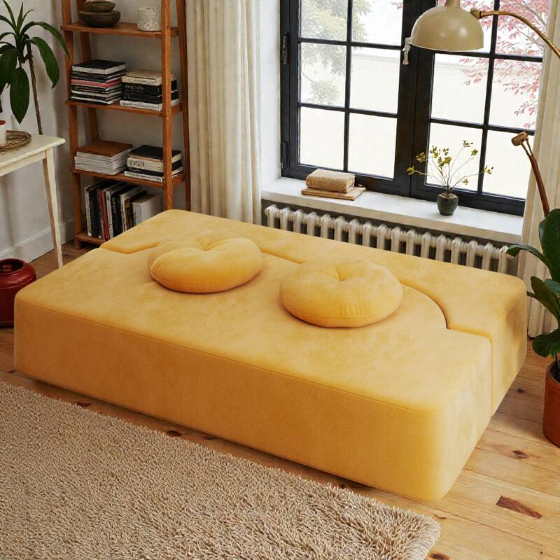 Convertible Floor Sofa Bed with 2 Pillows, Plush Corduroy Foam-Filled Folding Mattress, Full Size Sleeper, No Assembly Needed