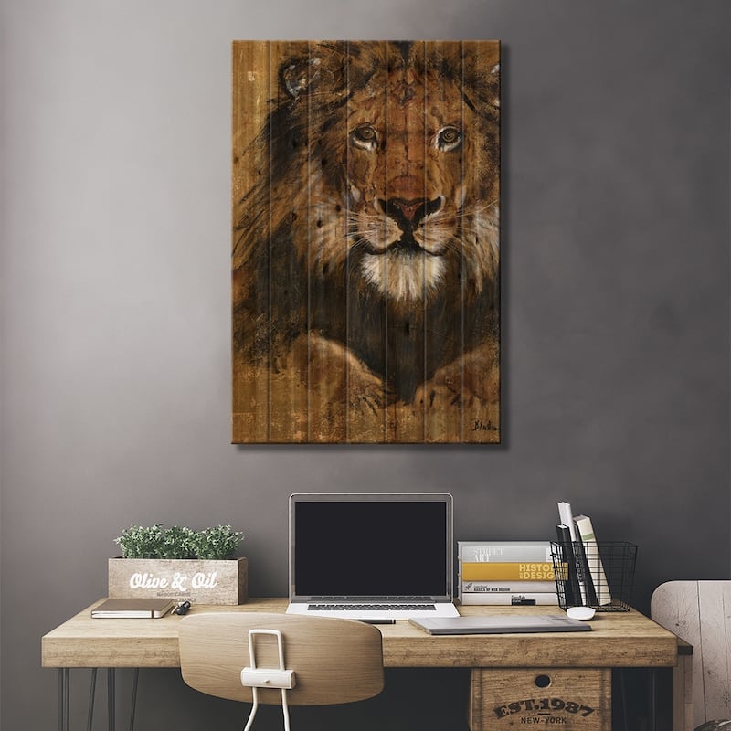 Gold Lion Print On Wood by Patricia Pinto - Multi-Color