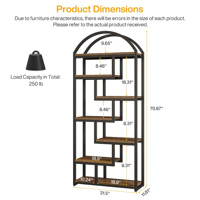 71" Tall Arched Bookshelf, 7 Shelf Industrial Etagere Bookcase for Bedroom, Living Room, Home Office