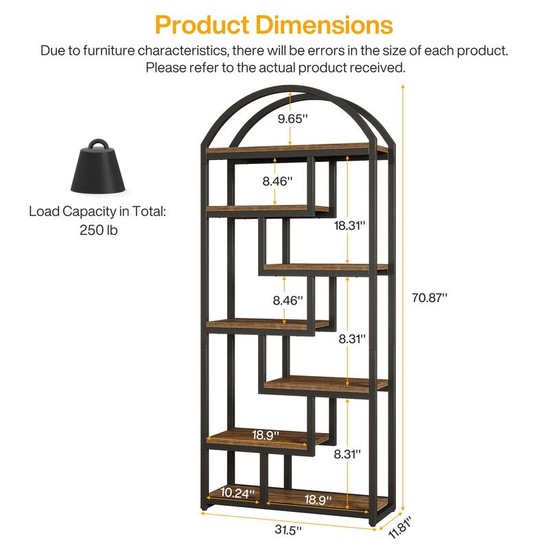 71" Tall Arched Bookshelf, Etagere Bookcase with Open Display Shelves