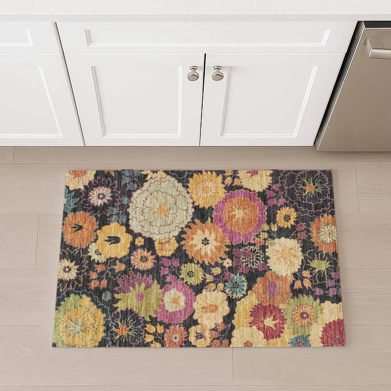 Machine Washable Indoor/ Outdoor Modern Floral Chantille Rug