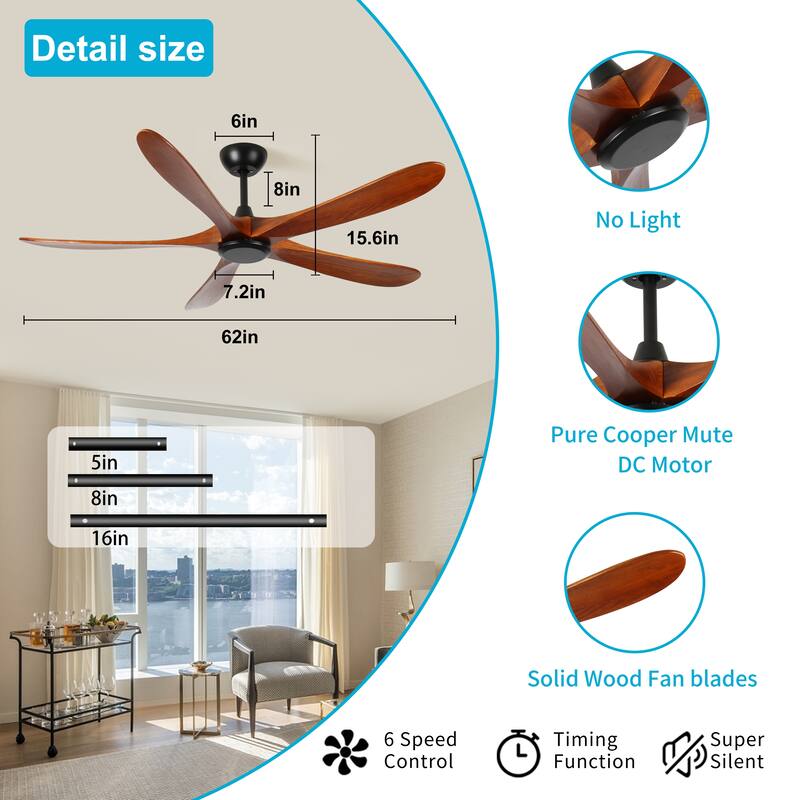 Solid Wood Reversible Ceiling Fan No Light with Remote Control, 62 Inch Low Profile Wood Ceiling Fan with 3 Down Rods