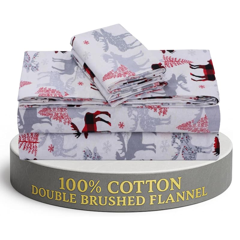 Feather & Stitch Cotton Flannel Sheets Set 4 Piece Bed Sheets Heavy Weight Bedding - Twin - Red Deer