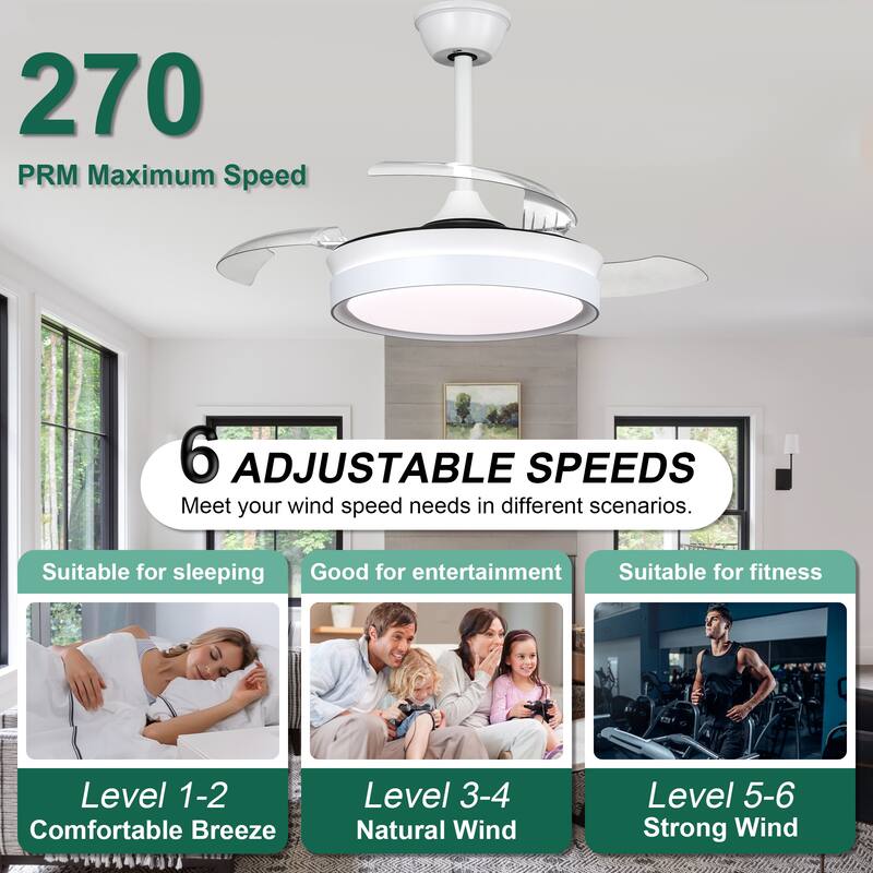 Cusp Barn 36 Inch Retractable Ceiling Fan with Lights, Modern 6 Speeds Silent DC Motor Fandelier Ceiling Fan for Bedroom