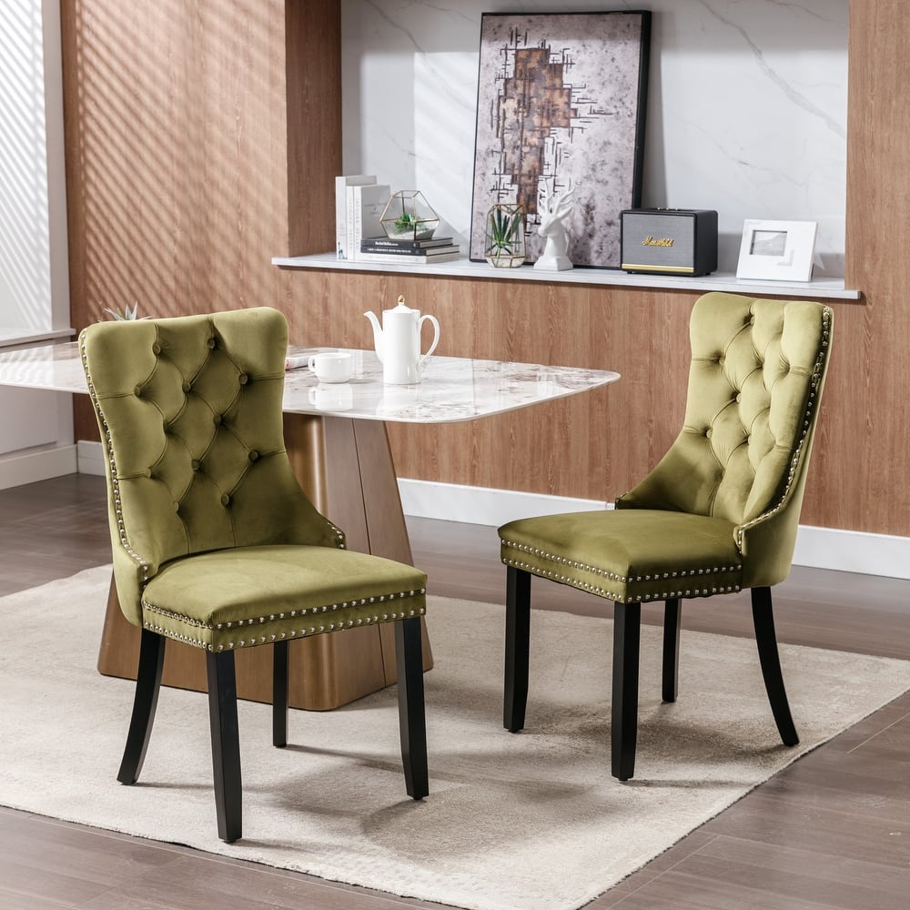 Velvet Dining Chairs Set of 2, Upholstered Dining Chairs with Button Tufted Back, Nailhead Trim & Ring Pull Wingback