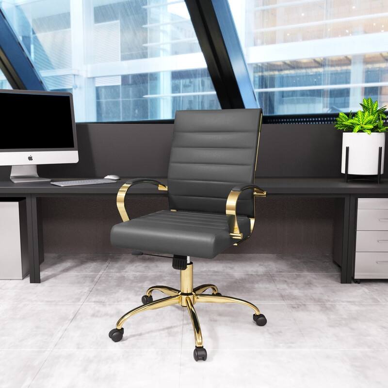 Benmar Mid-Back Leather Office Desk Chair in Gold Stainless Steel Frame Adjustable Height Tilt Lock 360 Swivel Ergonomic Chair