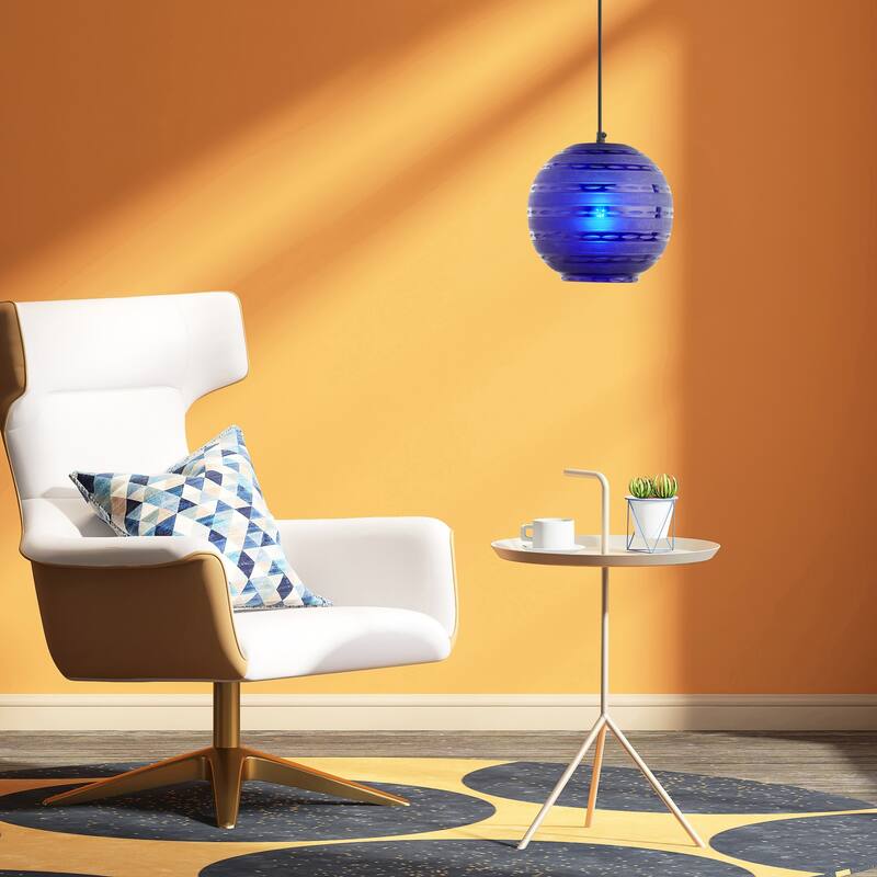 Hayley River of Goods Black Metal and Blue Blown Glass 9.5-Inch Pendant Light with Adjustable Hanging Cord - 9.5" x 9.5" x 64"