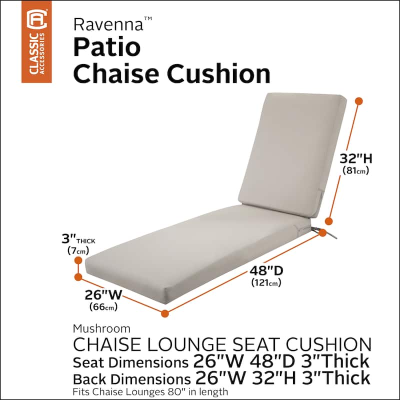 Classic Accessories Ravenna Water-Resistant Patio Chaise Cushion, 80 x 26 x 3 Inch - Mushroom