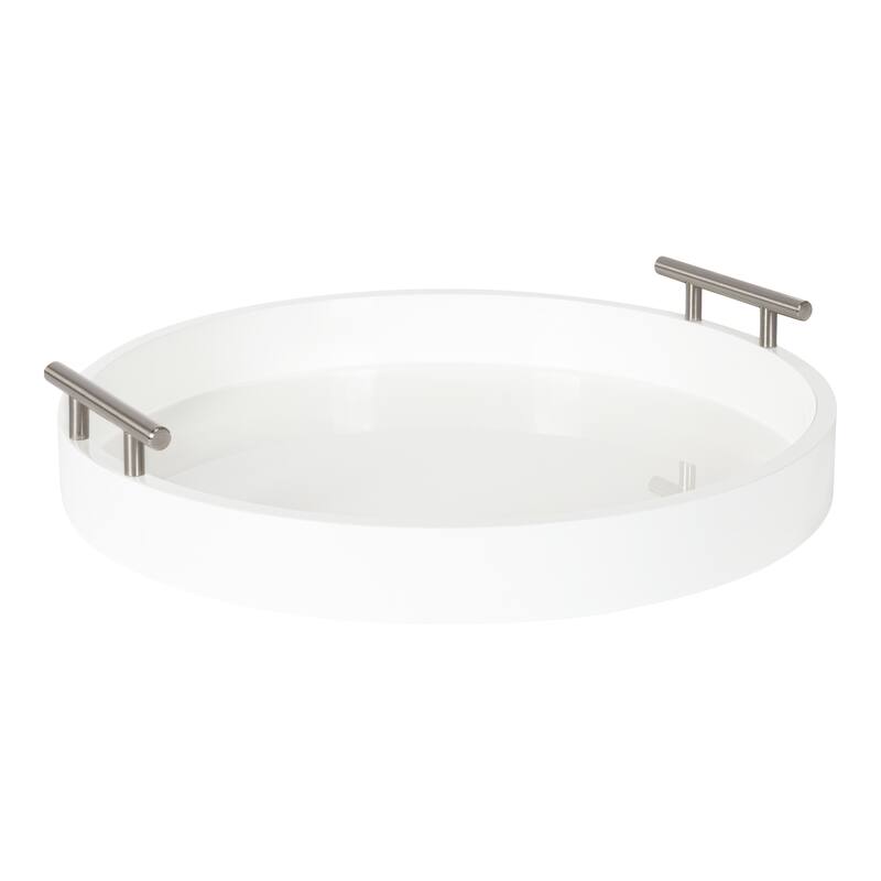 Kate and Laurel Lipton Round Decorative Tray with Metal Handles - 15.5" Diameter - White/Silver