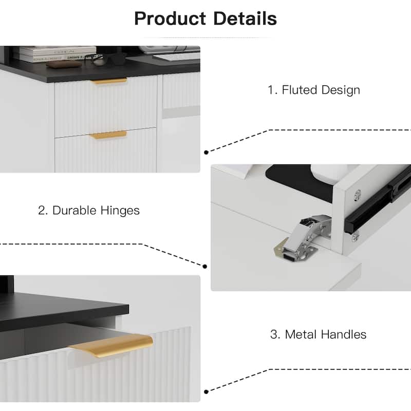 Pocassy Fluted Office Desk with Power Outlets Long Monitor Stand