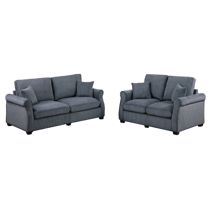 Jesica 2pc Loveseat n Sofa Set, 2 Pillows, Dark Gray Corduroy Fabric