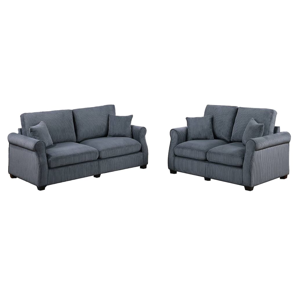 Jesica 2pc Loveseat n Sofa Set, 2 Pillows, Dark Gray Corduroy Fabric