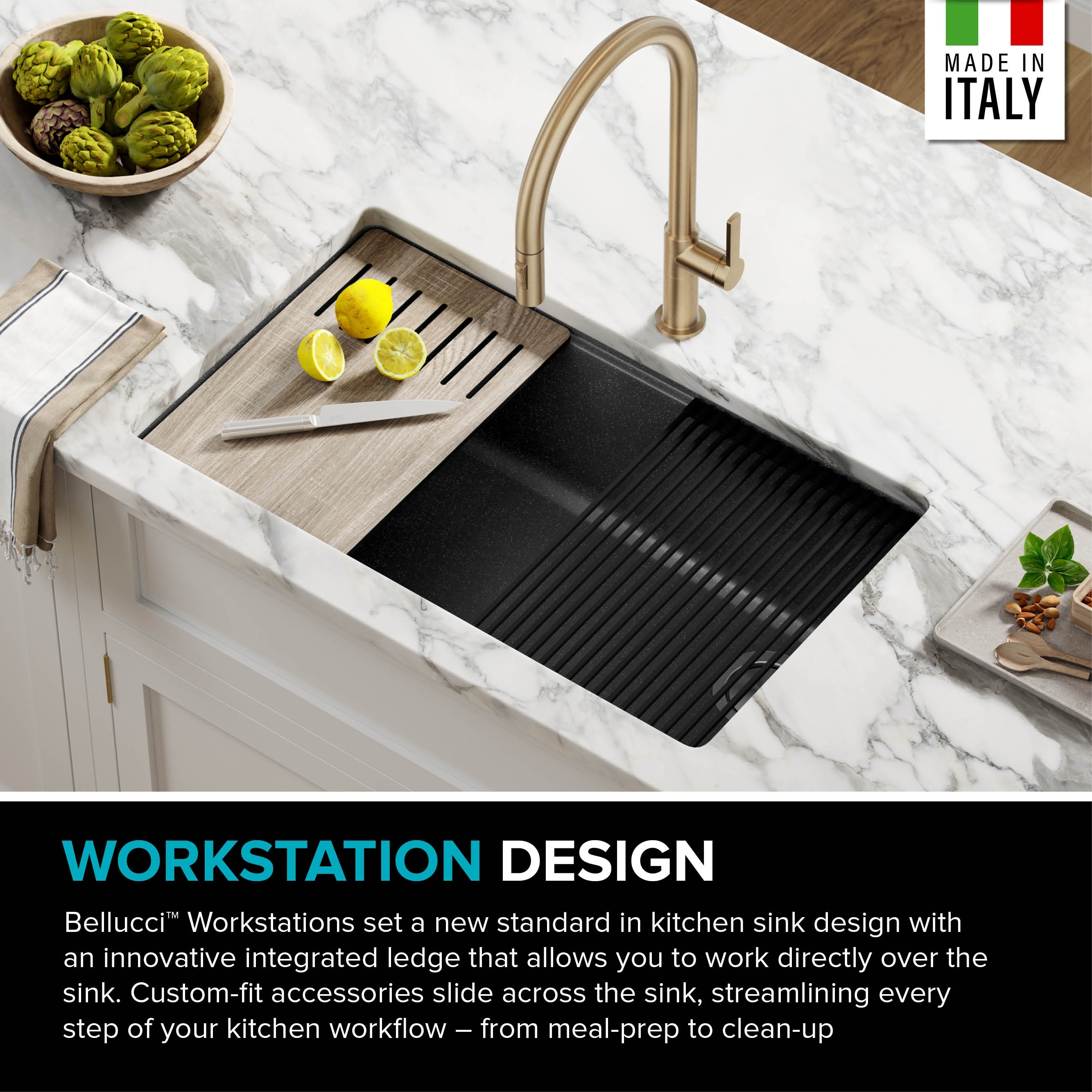 32 Inch Kraus KGUW2-33MGR Bellucci Workstation Undermount Granite Composite Single Bowl Kitchen Sink with Accessories Metallic Grey 