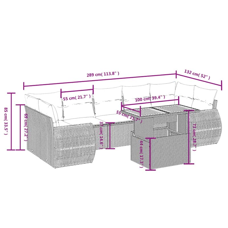 vidaXL Patio Sofa Set with Cushions Outdoor Furniture 8 Piece Poly Rattan - 24.4 x 24.4 x 27.2