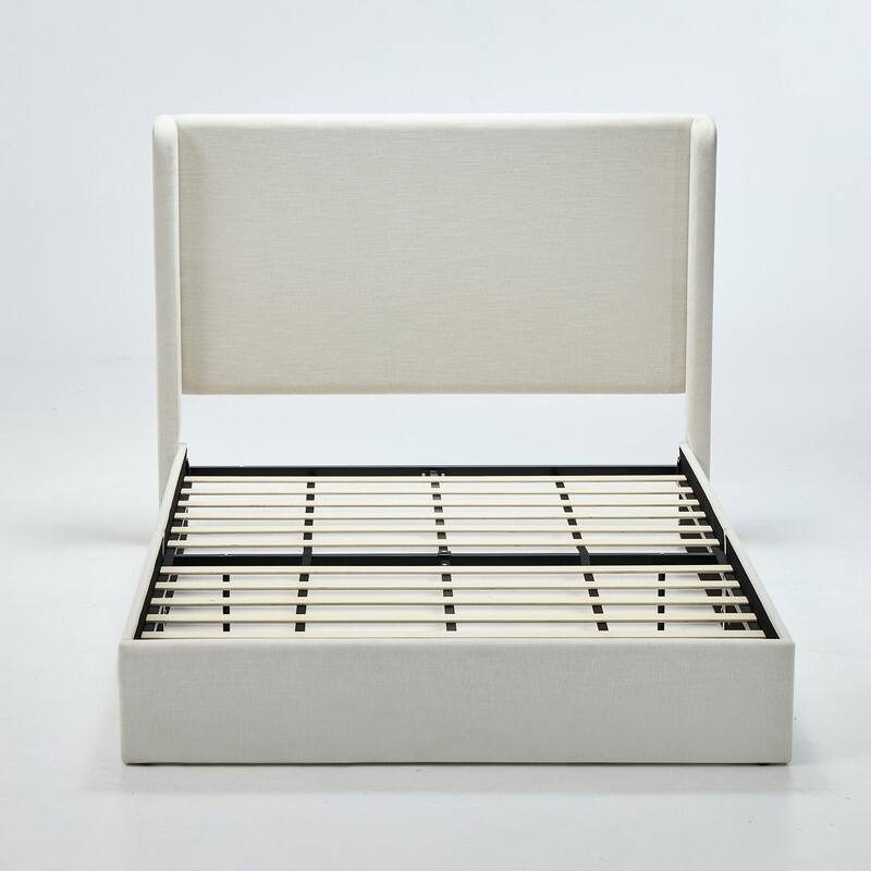 Tall Headboard Wingback Upholstered Platform Bed Frame Elegant Textured for Bedroom Strong Wood Slats Support