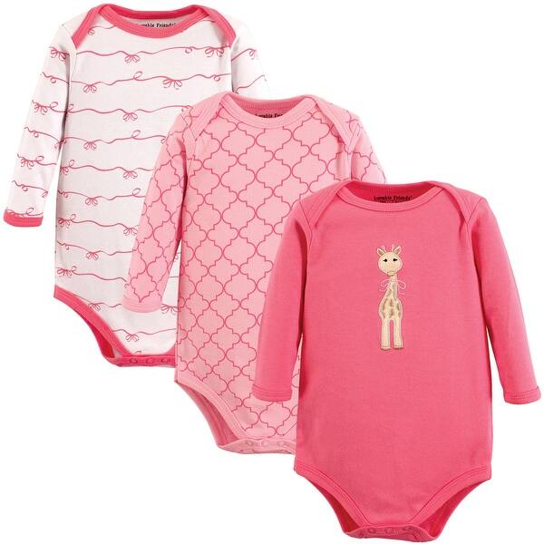 slide 1 of 1, Luvable Friends Baby Girl Cotton Long-Sleeve Bodysuits 3pk, Giraffe 0-3 Months - Giraffe 3-Pack