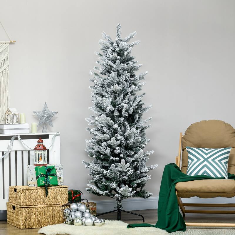6ft Tall Unlit Flocked Christmas Tree - Slim Pencil Shape, 477 Snow Branches, Easy Setup with Steel Base