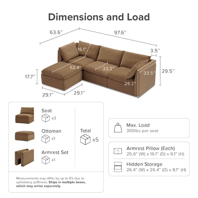 Mopio Macy Modular Sectional Sofa, Modern Couch with Ottoman Chaise Brown