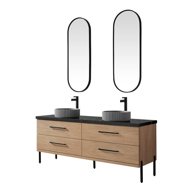 Trento Bath Vanity, Sintered Stone Top with Concrete Sink & Mirror - 72in. - North American Oak(Round Sink)