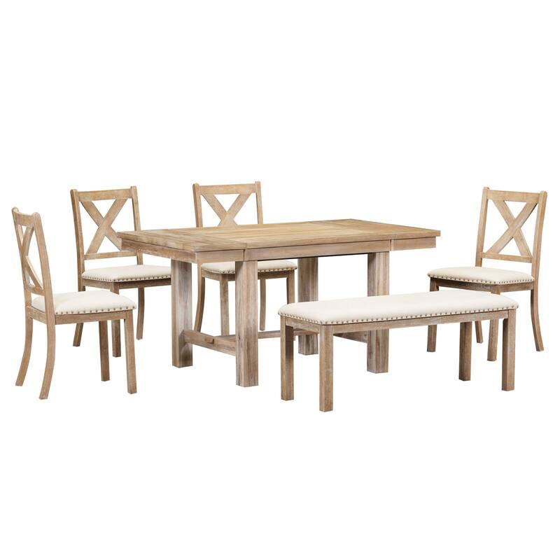 6-Piece Extendable Dining Table with Footrest, 4 Upholstered Dining Chairs and Bench, Kitchen Table and Chairs Set