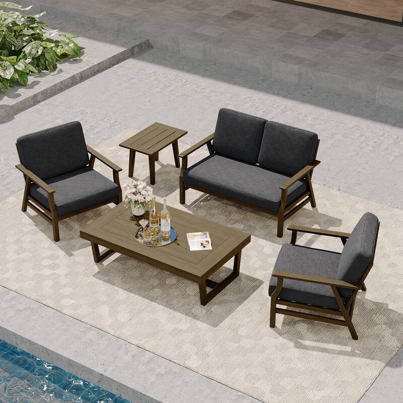 Modern Wood Cushioned Outdoor Patio Sofa Loveseat with Coffee Table