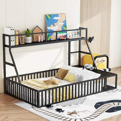 Full-Size Montessori Metal Floor Bed with Safety Rail, Integrated Desk & Storage Shelves