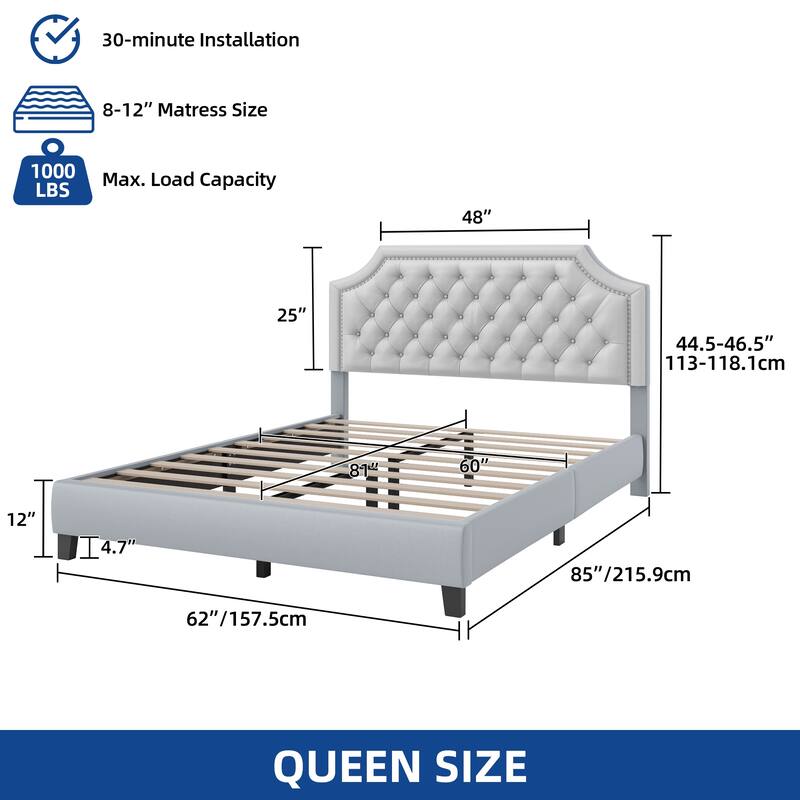 Moasis Linen Upholstered Platform Bed Velvet Bed Frame with Adjustable Headboard