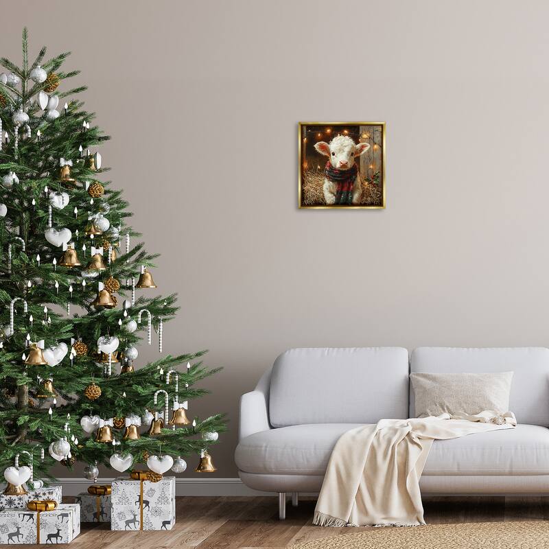 Stupell White Calf with Holiday Lights Framed Floater Canvas Wall Art Design By Riley B