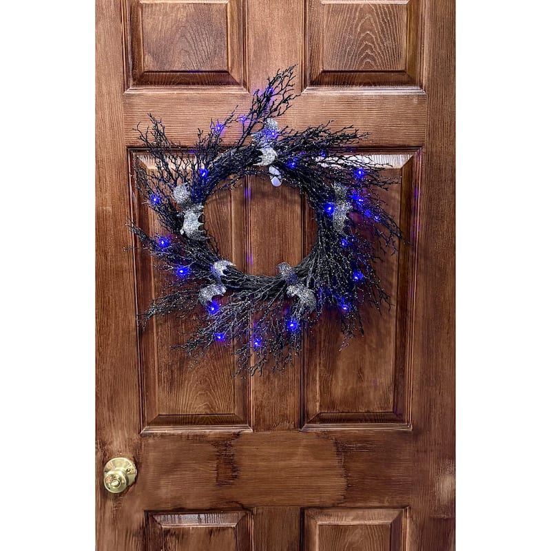 23" Spooky Halloween Lighted Bat Twig Wreath on Black Natural Twig Base