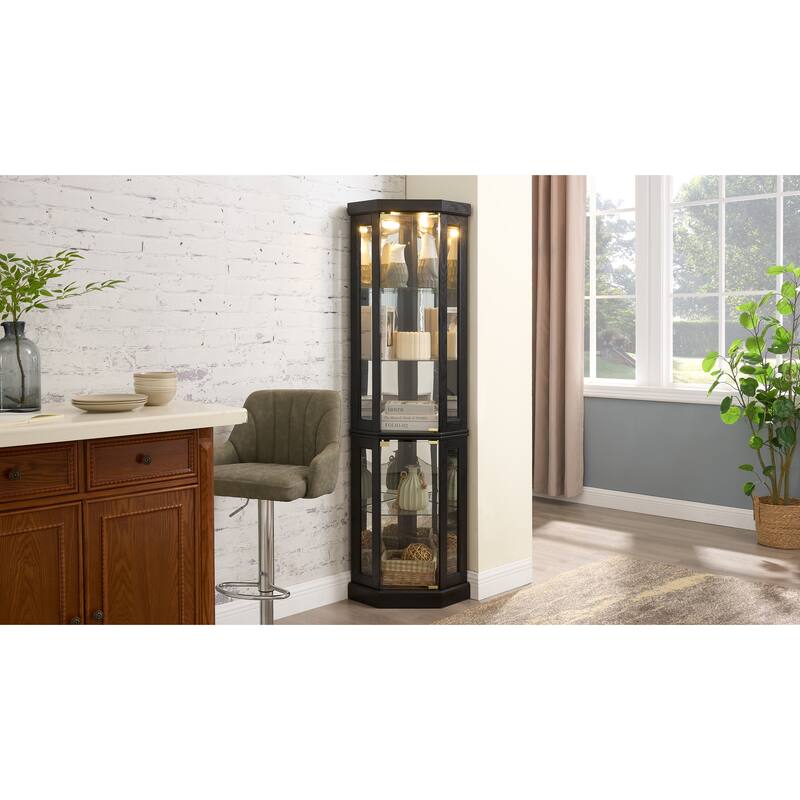 Lighted Corner Curio Cabinet - Display Case for Living Room, Antique Collectibles, Wine & Bar Glass Storage