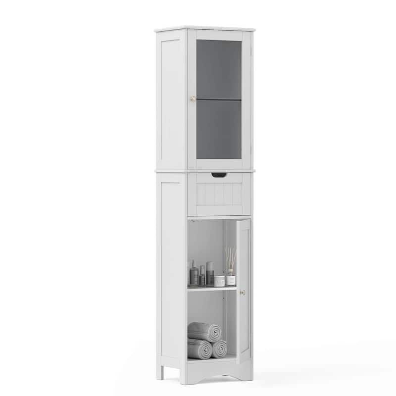 Costway Bathroom Tall Cabinet Freestanding Linen Tower with Doors & - See Details - White