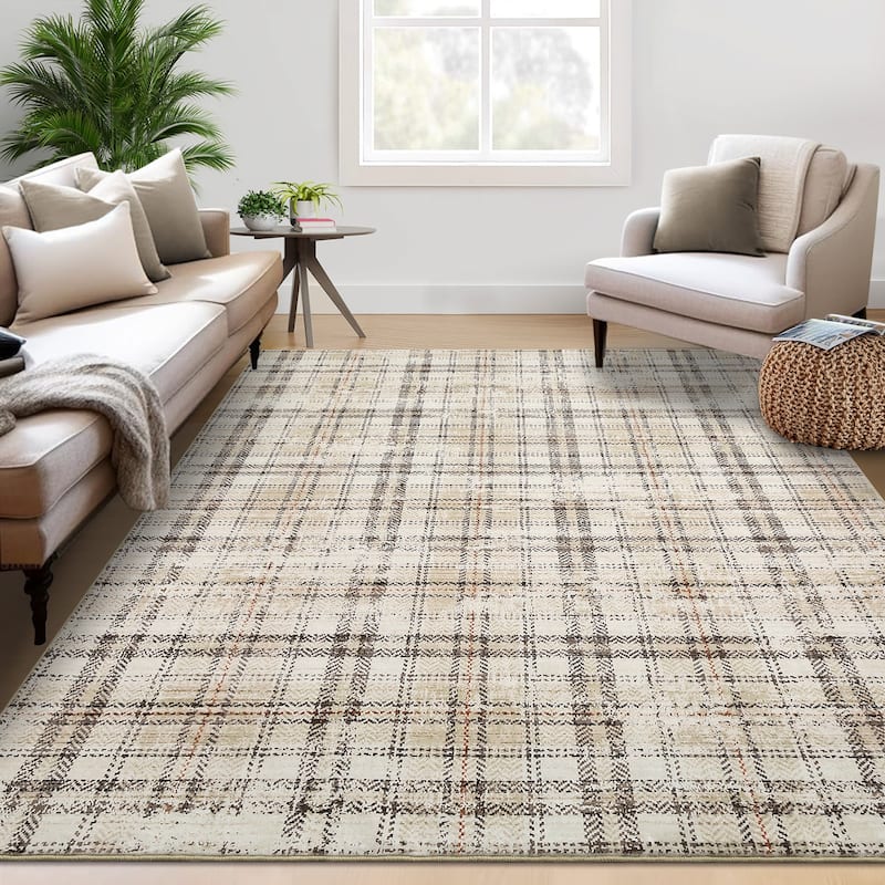 Garvee Earthy Plaid Soft Low Pile Foldable Area Rug - 10'x13' - Beige