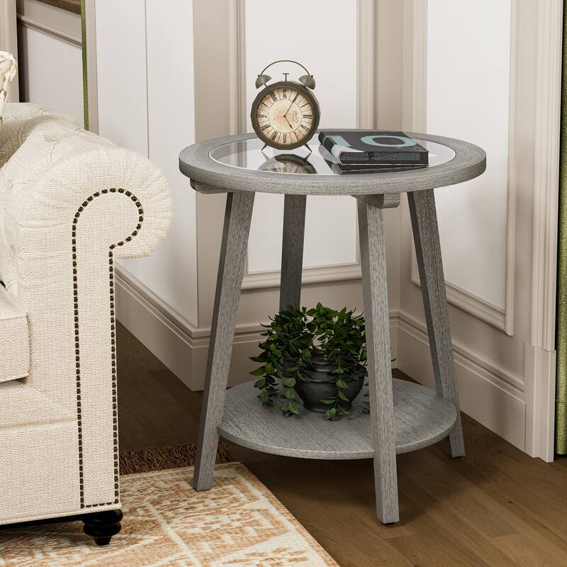 SUNBURY Solid Wood Tempered Glass Side Table with Storage Shelf